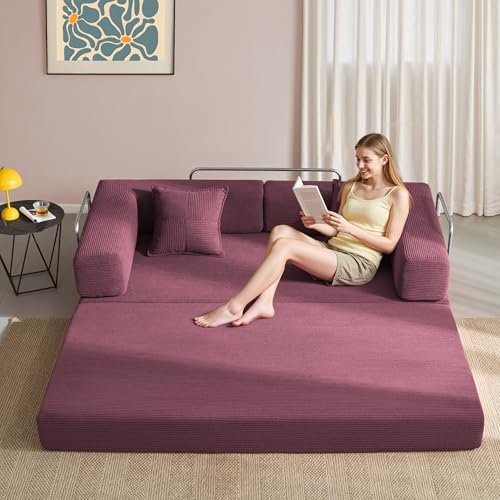 YINIX Foldable Sofa Bed, 78'' Folding Floor Couch, Compressed Convertable Sleeper Sofa, Memory Foam Couch with Pillow Back Support Armrest, 4-in-1 Futon Sofa Bed for Living Room, Wine Red YINIX