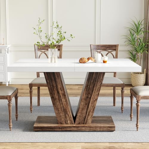 LITTLE TREE 47 Inches Dining Table for 4, Modern Dining Room Tables, White Rectangle Kitchen Table with Rustic Brown V-Shaped Pedestal, Wooden Dinner Table for Dining Room, Kitchen, Living Room LITTLE TREE