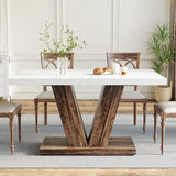 LITTLE TREE 47 Inches Dining Table for 4, Modern Dining Room Tables, White Rectangle Kitchen Table with Rustic Brown V-Shaped Pedestal, Wooden Dinner Table for Dining Room, Kitchen, Living Room LITTLE TREE