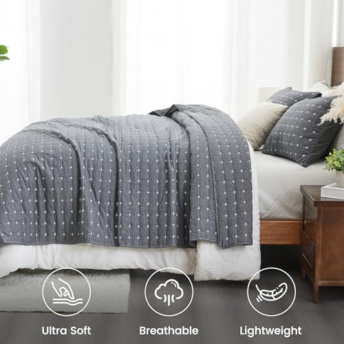 ENJOHOS 100% Cotton King Quilt, King Size Dark Grey Bedspread, Reversible Lightweight Super Coverlet Comforter Bedding with Shams for All Season ENJOHOS