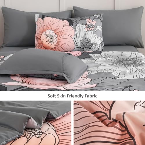 Xruibed King Comforter Set 7 Pieces Grey Floral Comforter Set King Size Bed in a Bag Flower Bedding Sets Lightweight Boho Bed Set with Sheet,Pillowcases&Shams for All Season Xruibed