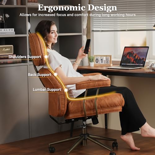 Mid Century Modren Big and Tall Office Chair,Large Ergonomic Executive Chair for Heavy Duty People, Computer Desk Task Chair with Wheels, Faux Lether Fabric Wide Chair for Home Sturdy,Brown(Suede) ALTRIGUS