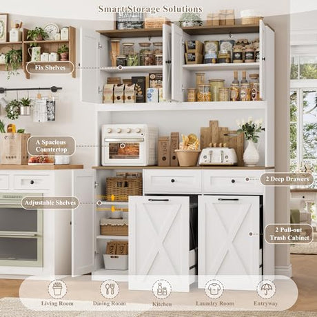 HOSTACK 71"H Kitchen Trash Can Cabinet, 12.5 Gallon Double Pull Out Garbage Can Hutch Cabinet with Trash Bin Storage Holders, 47" Wide Kitchen Pantry with Hidden Garbage Storage for Dining Room, White HOSTACK