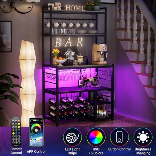 yacchi home Wine Bar Cabinet with Outlet and LED Light, Liquor Cabinet with Glasses Holder Movable Storage Shelf, 4-Tier Wine Rack Durable Coffee Bar Cabinet for Kitchen Dining Room, Grey - WoodArtSupply