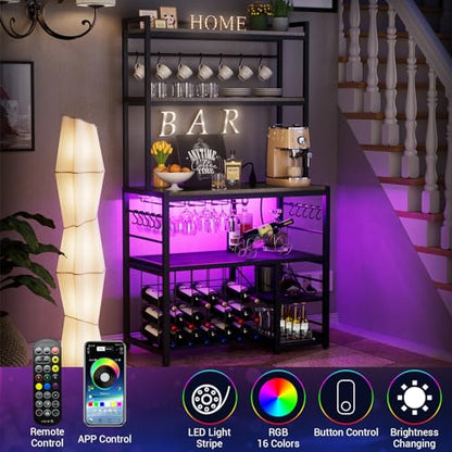 yacchi home Wine Bar Cabinet with Outlet and LED Light, Liquor Cabinet with Glasses Holder Movable Storage Shelf, 4-Tier Wine Rack Durable Coffee Bar Cabinet for Kitchen Dining Room, Grey - WoodArtSupply