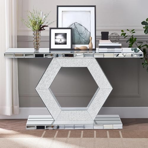 Mcltopz 55" Silver Mirrored Console Table, Rectangle Sofa Table with Sparkling Crystal Hexagon Base, Modern Luxury Mirrored Furniture with with Diamond Glass Effects for Entryway Hallway Entrance Mcltopz