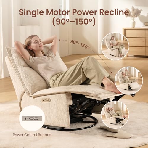 Power Recliner Chair Swivel Glider, 29" Extra Wide Seat with 270° Swivel, No Armrest Design, USB & Type-C Charging Ports, OEKO-TEX Fabric, Swivel Glider Recliner for Living Room, Easy Assembly, Beige