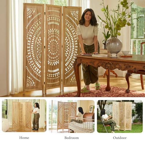 Svimi Room Divider Wood Carved Wall Divider Indoor Folding Bohemian Style Portable Partition Screen for Home Office Garden Terrace - 3 Panels (Natural) Svimi