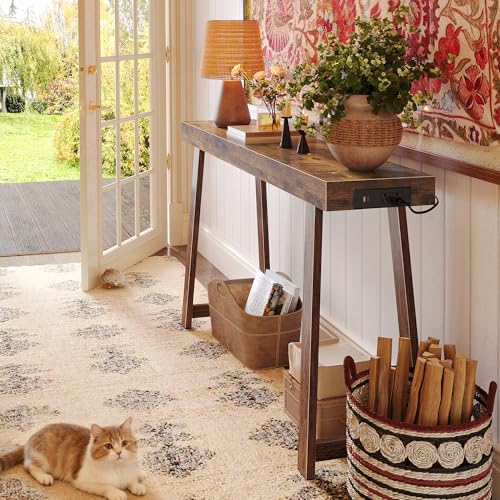 Huuger Entryway Console Table with Charging Station, USB-C Port, 47.2 Inch Sofa Table with Metal Legs, Entry Hallway Table with Thicker Desktop, Modern Behind Couch Table, Rustic Brown Huuger