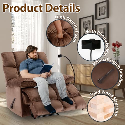 Chizzyseat Manual Adjustable Oversized Recliner Chair with Phone Holder, Extra Large Recliner for Heavy Duty Adults 400lbs, Big Man Recliners for Living Room, Nursery, RV