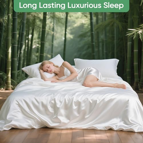 Luxury Organic Tencel & Viscose from Bamboo Cooling Sheet Set,Silky Soft Lyocell Sheets with Deep Pocket, Hypoallergenic & Breathable Bedding with Pillowcases (White, King)