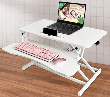 Xinmviec 32" Standing Desk Converter, Height Adjustable Sit to Stand Riser with Gas Spring Lift, Dual Monitor and Laptop Workstation with Wide Keyboard Tray for Home & Office (White) Xinmviec