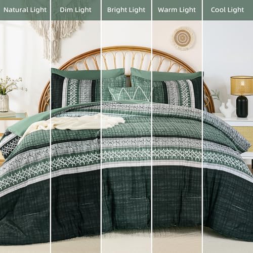Dintszyayue Green Comforter Set Queen Size, 8 Pieces Boho Striped Bed in a Bag Soft Microfiber Bedding Set for All Season Dintszyayue
