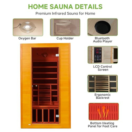 Real Relax Far Infrared Sauna for Home, 1 to 2 Person Indoor Home Sauna with Low Emf Red Light Therapy, Canadian Hemlock Wooden Dry Saunas Room with Bluetooth Speakers, 9-Color Chromotherapy Lights Real Relax