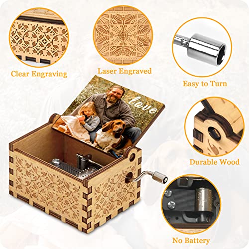 Personalized Music Box Custom Gift with Your Photo Text Wooden Hand Crank Music Box for Father's Day Mother's Day Valentine's Day Wedding Anniversary Boneker