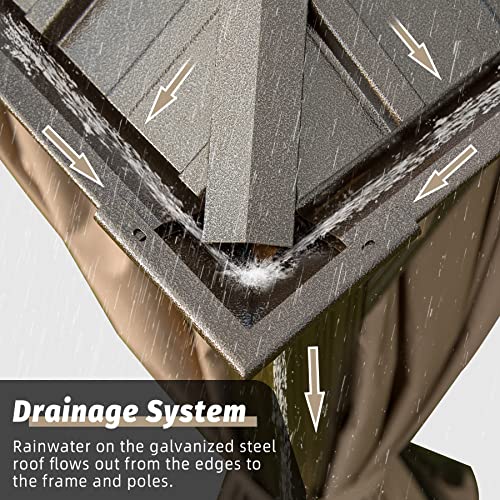 Domi Hardtop Gazebo 10x12FT, Outdoor Gazebo with Galvanized Steel Double Roof, Aluminum Frame, Built-in Gutter System, Curtain and Netting, Metal Gazebo Pavilion for Patio Deck Garden, Brown domi outdoor living