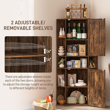 Halitaa Farmhouse Corner Cabinet, Tall Corner Storage Cabinet with Barn Doors and Adjustable Shelves Wooden Display Bookshelf Pantry Cabinets Organizer Home Furniture for Bathroom, Living Room Halitaa