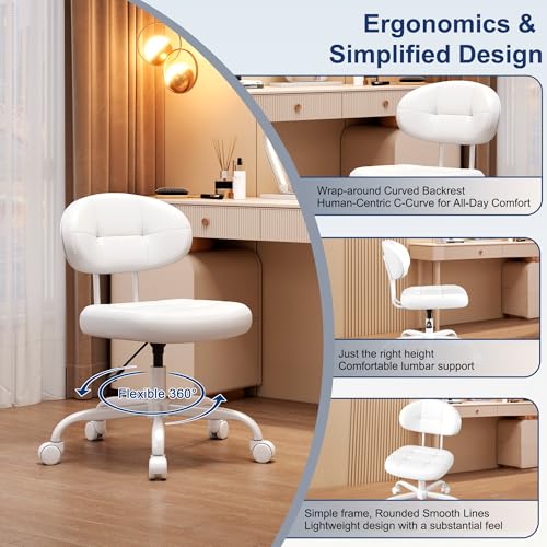 Misolant Vanity Chair with Back, Small Armless Cute office Chair with wheels and Lumbar support, Comfy PU Leather Desk Computer Chairs with Adjustable Height, 360°Swivel for Home Bedroom Office, White Misolant