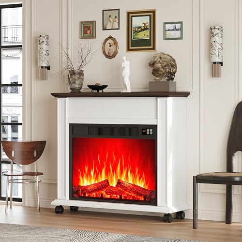 Electric Fireplace with Mantel, Farmhouse Electric Fireplaces TV Stand, White Fireplace Entertainment Center with 23 inch Heater and Removable Roller for Living Room, Bedroom HDDDZSW