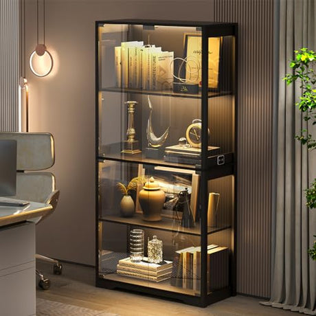 BROTTAR Display Cabinet with Glass Doors, 4-Tier Curio Cabinet&Bookcase with 3 Color Light for Collectibles, Toys, Books, Glass Storage Cabinet, Black BROTTAR