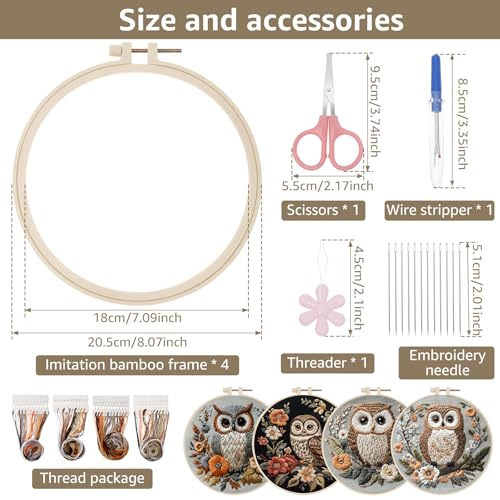 WHQLANG 4 Sets Owl Embroidery Kit, 8.1" Hoops, Embroidery Kit for Beginners to Advanced, Cross Stitch Kits,Inchlude Water Soluble Pattern, Needles,Threads, Template Tools