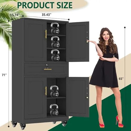 winiowa 71" Tall Metal Garage Storage Cabinet with Wheels and Locking Doors, Locking Rolling Tool Cabinet with Drawer and 3 Adjustable Shelves for Garage,Home,Office (Black) winiowa