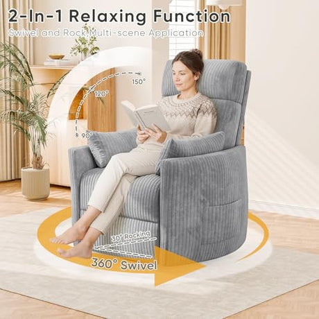 Flamaker Swivel Recliner Chair, Massage Nursery Rocking Chair with 2 Pillows, Comfy Single Sofa Glider Rocking Chair with Side Pockets for Living Room (Corduroy, Dark Grey) Flamaker