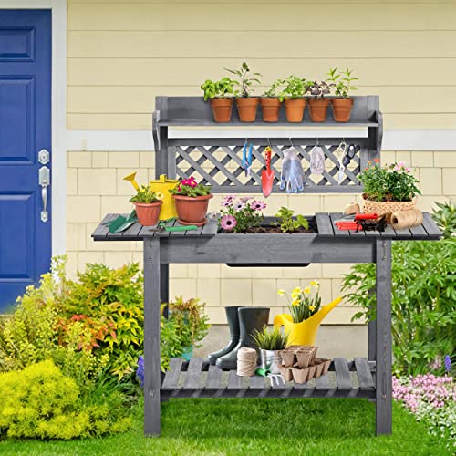 Yaheetech Potting Bench Table Outdoor Garden Potting Table Wooden Workstation w/Sliding Tabletop Removable Sink w/Storage Shelf Flower Pot Bench Mobile Garden Potting Bench Gray Yaheetech