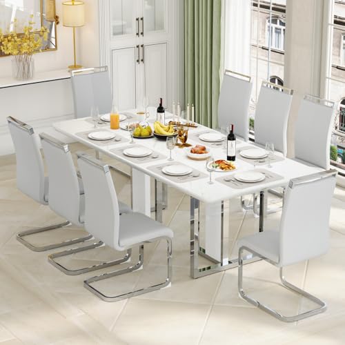 MEMUY 79" Modern Dining Table Set for 8,White Dining Room Table Set with Silver Chrome Pedestal,79" Glossy Kitchen Room Table Set for 8-10 Person,Dining Room Table with 8 Chairs,Faux Marble MEMUY