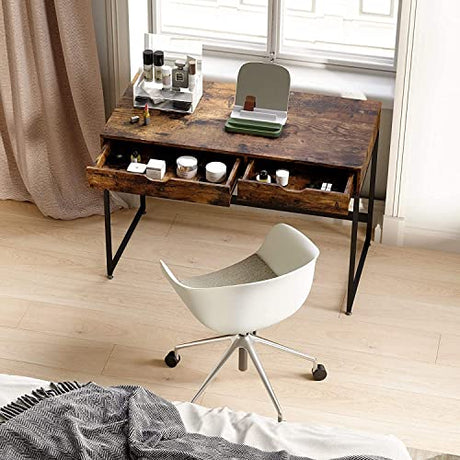 Bestier Small Rectangular Office Writing Computer Workstation Vanity Makeup Desk Minimal Elegant Simple Style with 2 Large Drawers, Rustic Brown Bestier