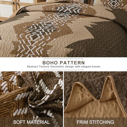 Dintszyayue Brown Quilt Set Queen Size,3 Piece Boho Aztec Texture Bedspread Coverlet Set Reversible Lightweight Bedding Set Geometric Bohemian Bed Cover with 2 Pillowcases(Dark Brown,90"x96") Dintszyayue