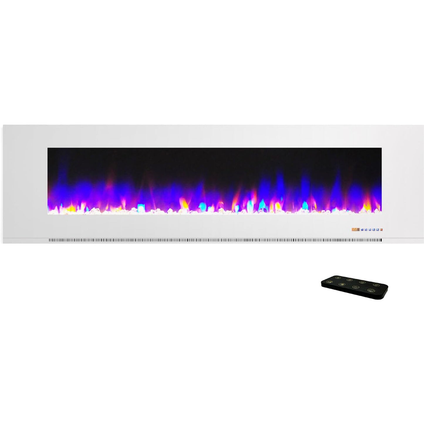 Cambridge 72 Inch Wall Mount Electric Fireplace Heater with Remote Control, Multicolor Flames, and Crystal Rock Display for Indoor Use in Living Room, Bedroom, Home Office, White