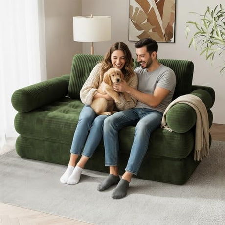 DSNAPE 59" Convertible Sofa Bed, 5-in-1 Folding Loveseat Sleeper Chair with Pillows Removable Armrests, Fold Out Boneless Couch Futon Floor Mattress Lounge for Apartment Dorm Living Room - Green, Full DSNAPE