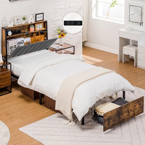 COMHOMA Twin Size Platform Bed Frame with LED Lights and Charging Station, Storage Headboard and Footboard Drawers, No Box Spring Needed, Rustic Wood Look COMHOMA