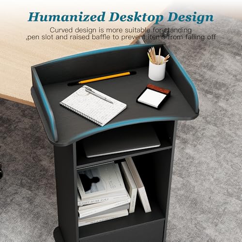 Qriocioa Podium Stand with Metal Wheels Wooden Lectern Podium Stand Portable Pulpit Standing with Storage Mobile Reception Podiums Desk for Church Office School Conference Restaurant Meeting, Black