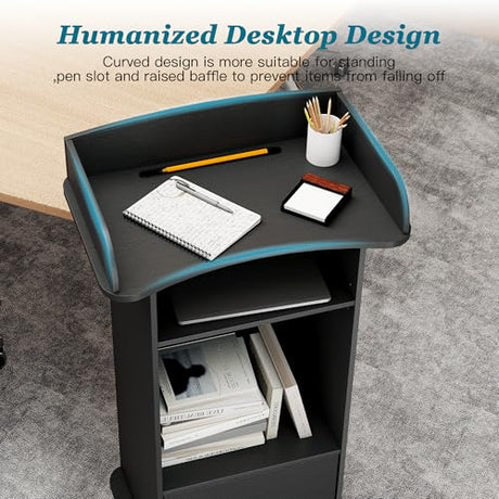 Qriocioa Podium Stand with Metal Wheels Wooden Lectern Podium Stand Portable Pulpit Standing with Storage Mobile Reception Podiums Desk for Church Office School Conference Restaurant Meeting, Black Qriocioa