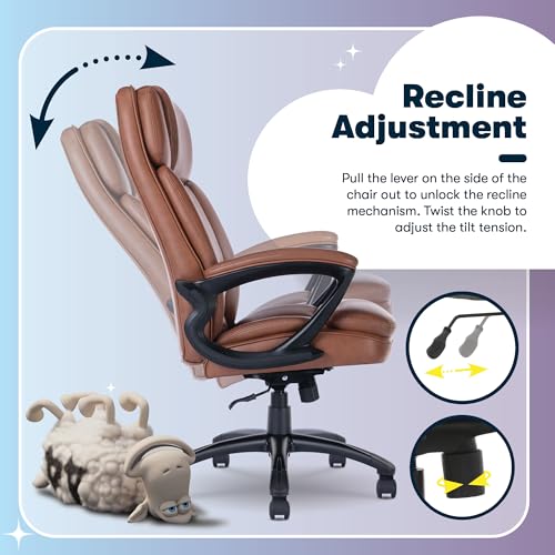 Serta Fairbanks Big & Tall Executive Office Chair, Ergonomic Comfy High-Back ComputerChairs with Lumbar Support, Semi-Plush Seat Cushion, Padded Armrests, Nylon Swivel Base, Bonded Leather, Cognac Serta
