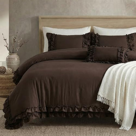 Dark Brown Duvet Cover Set Elegant Ruffled Bedding Queen Shabby Chic Lace Ruffle Boho Bedroom Decor Vintage Boho Style Chocolate Duvet Cover with Pillowcases Bedorm
