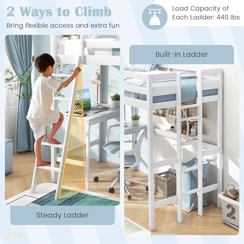 Giantex Twin Size Loft Bed with Desk, Solid Wood Loft Bed with 2 Ladders & Full Length Guardrail, Modern Space-saving Twin Bed Frame for Kids Teens Adults, No Box Spring Needed (White) Giantex