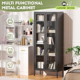 Crownland Metal Storage Cabinet with Glass Doors, Display Curio Glass Cabinet with 4 Adjustable Shelves, Tall Modern Office Storage Cabinet for Bedrooms, Living Room, Pantry(Black) Crownland