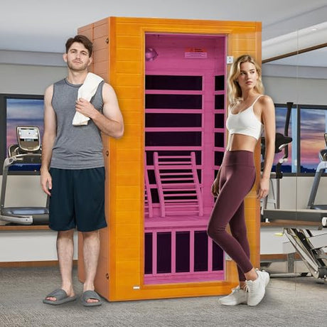 Real Relax Far Infrared Sauna for Home, 1 to 2 Person Indoor Home Sauna with Low Emf Red Light Therapy, Canadian Hemlock Wooden Dry Saunas Room with Bluetooth Speakers, 9-Color Chromotherapy Lights Real Relax