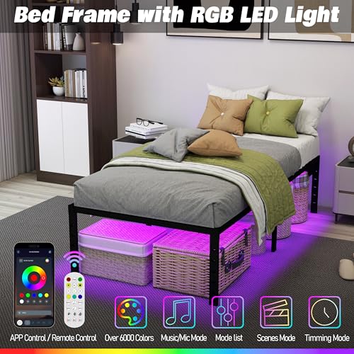 HusDream Twin XL Bed Frames for Kids 14 Inch Twin Bed Frame with LED Lights and Charging Station,Metal Bed with Storage Black Platform Bedsfor Boys Girls,No Box Spring Needed (14 Inch, Twin XL) HusDream