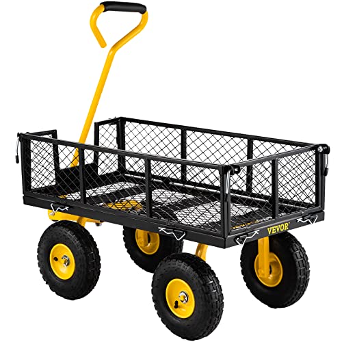 VEVOR Steel Garden Cart, Heavy Duty 500 lbs Capacity, with Removable Mesh Sides to Convert into Flatbed, Utility Metal Wagon with 180° Rotating Handle and 10 in Tires, Perfect for Garden, Far - WoodArtSupply