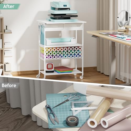 Homsorout Movable Heat Press Table - Heat Transfer Machine Stand Compatible for Cricut, Vinyl Roll Holder, Rolling Metal Wood Sublimation Printer Organizer for T Shirt Maker Craft, 23.6''×19.6'' Homsorout