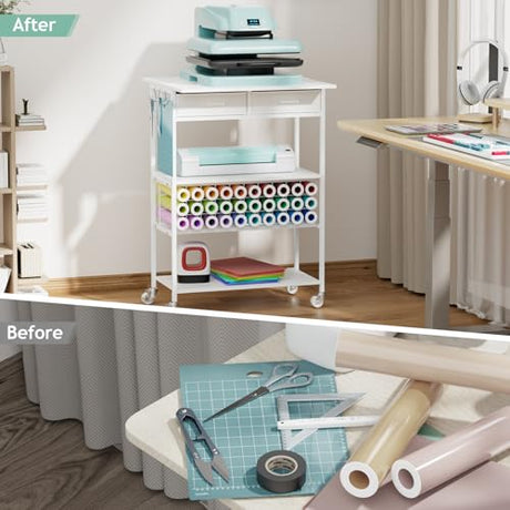 Homsorout Movable Heat Press Table - Heat Transfer Machine Stand Compatible for Cricut, Vinyl Roll Holder, Rolling Metal Wood Sublimation Printer Organizer for T Shirt Maker Craft, 23.6''×19.6'' Homsorout