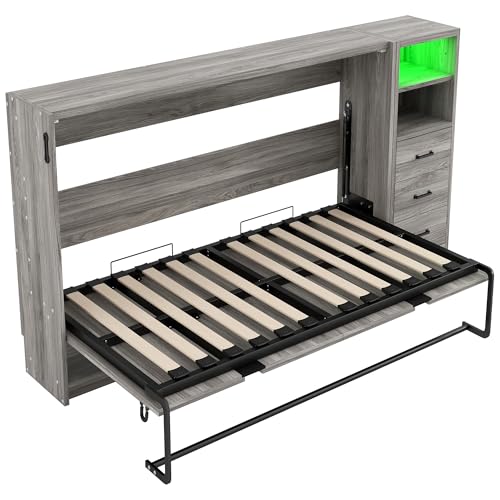 SOFTSEA Twin Horizontal Murphy Bed with Storage, Hideaway Murphy Bed Cabinet with Drawers & LED Light, Farmhouse Hidden Wall Bed Frame Space-Saving for Guest Room Bedroom Office, Grey SOFTSEA
