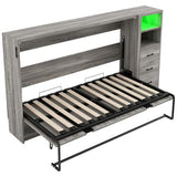SOFTSEA Twin Horizontal Murphy Bed with Storage, Hideaway Murphy Bed Cabinet with Drawers & LED Light, Farmhouse Hidden Wall Bed Frame Space-Saving for Guest Room Bedroom Office, Grey SOFTSEA