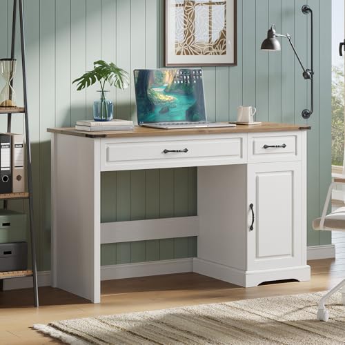 IDEALHOUSE Farmhouse 47" Executive Desk, Computer Desk with Drawers and Storage Cabinet, Home Office Desk for Work and Study, Rustic Workstation Computer Desks or Bedroom, Living Room, Antique White IDEALHOUSE