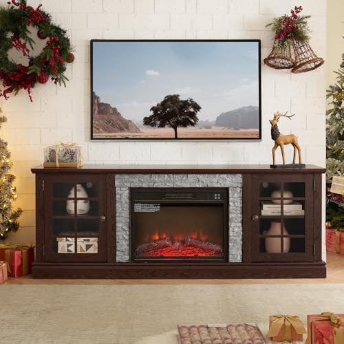70" W Modern Electric Fireplace with Mantel, Fireplace TV Stand with Realistic Stacked Stone, 3D Flame Effect, Entertainment Center for TVs Up to 75", TV Console Table for Living Room (70" W & Cherry) Eyisean