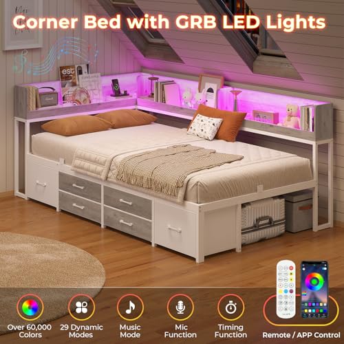 MSmask 14 Inch Corner Bed Frame with Bookcase Storage, Twin Daybed with 6 Drawers, Charging Station and LED Light, Twin Size Metal Platform Bed Frame for Kids Teenagers, White & Oak Grey MSmask